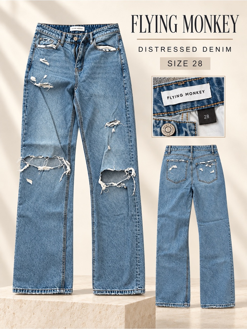 Flying Monkey Women's Light Blue Distressed Boyfriend Jeans